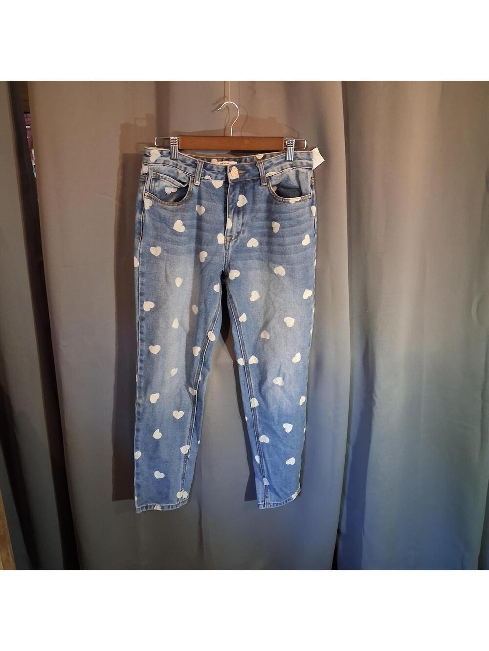 Redial Blue Denim Heart Print Jeans, Size 6